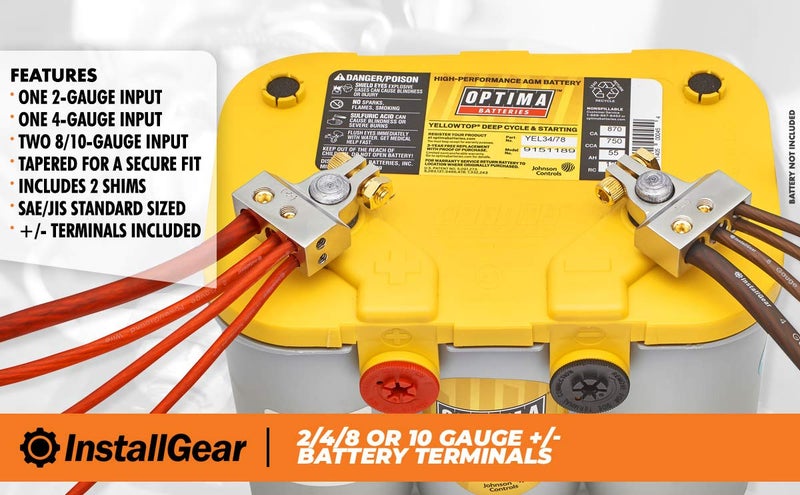 InstallGear 2,4,8 or 10 Gauge Battery Terminals w/Shims - Positive, Negative - Car Battery Terminal, Battery Pack, Heavy Duty Battery Terminal Connectors, 2 Gauge, 4 Gauge, 8 Gauge, 10 Gauge Wires - Image 2